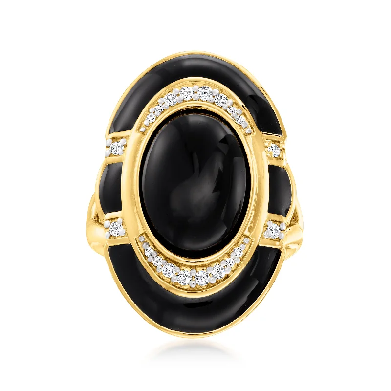 Women’s halo engagement rings with diamonds-Ross-Simons Black Onyx and Diamond Ring With Black Enamel in 18kt Gold Over Sterling