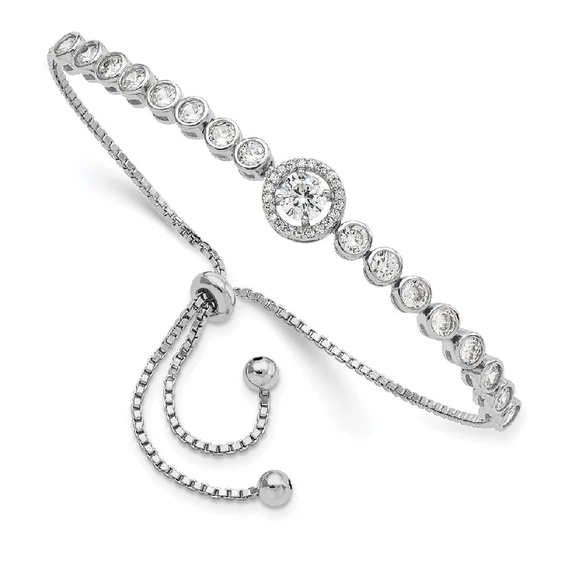 Women’s square bangles-Sterling Silver Rhodium-plated Bezel Set CZ & Halo CZ Adjustable Bracelet-WBC-QG5945