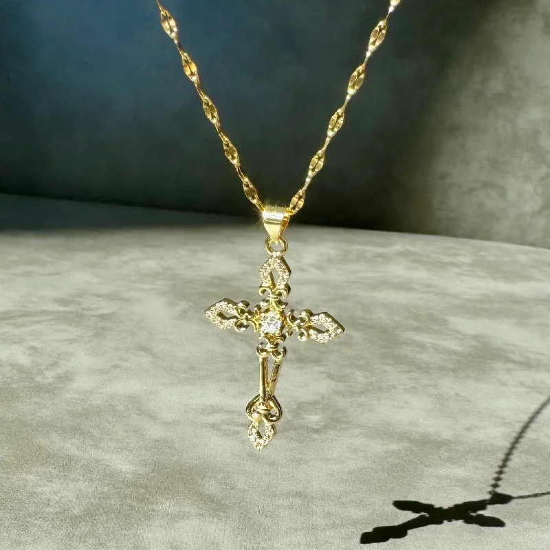 Women’s layered necklaces-Ornate Gold Crystal Cross Necklace