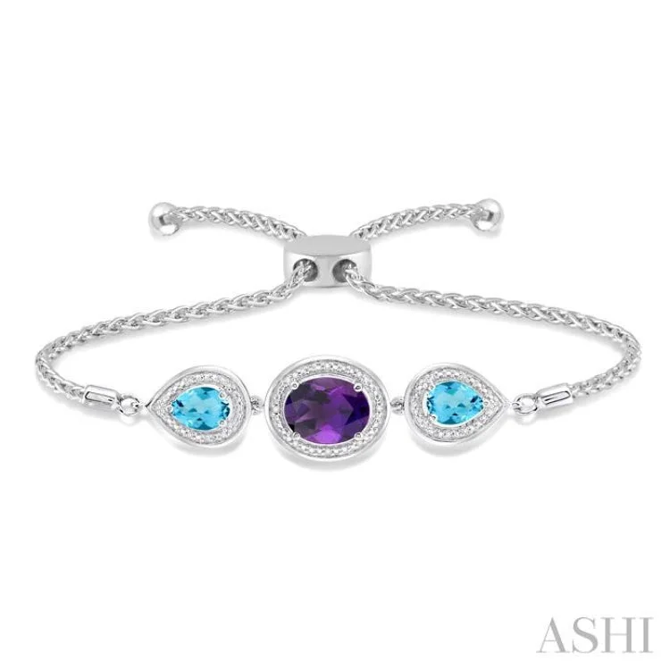 Women’s gemstone charm bracelets-1/20 Ctw Oval 10x8mm Amethyst & Pear Shape 7x5mm Blue Topaz Round Diamond 3Stone Sterling Silver Lariat Bracelet