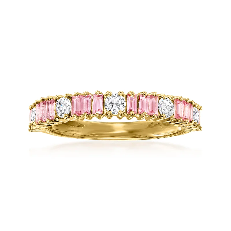 Women’s rose gold band engagement rings-Ross-Simons Pink Sapphire and . Diamond Ring in 14kt Yellow Gold