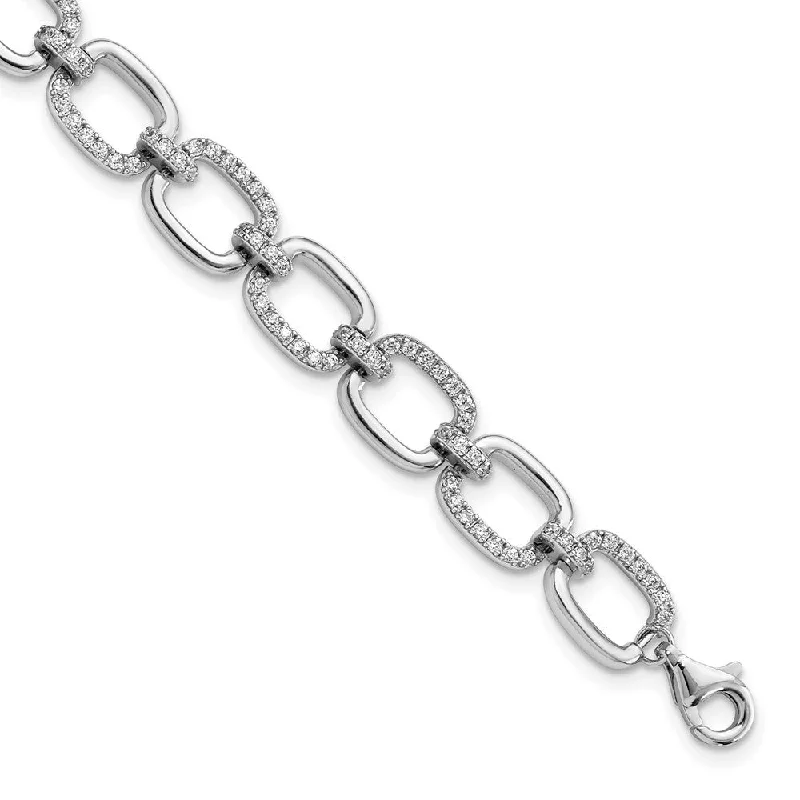 Women’s leather bracelets-Sterling Silver Rhodium-plated Polished Square Link CZ Bracelet-WBC-QG5911-7.75