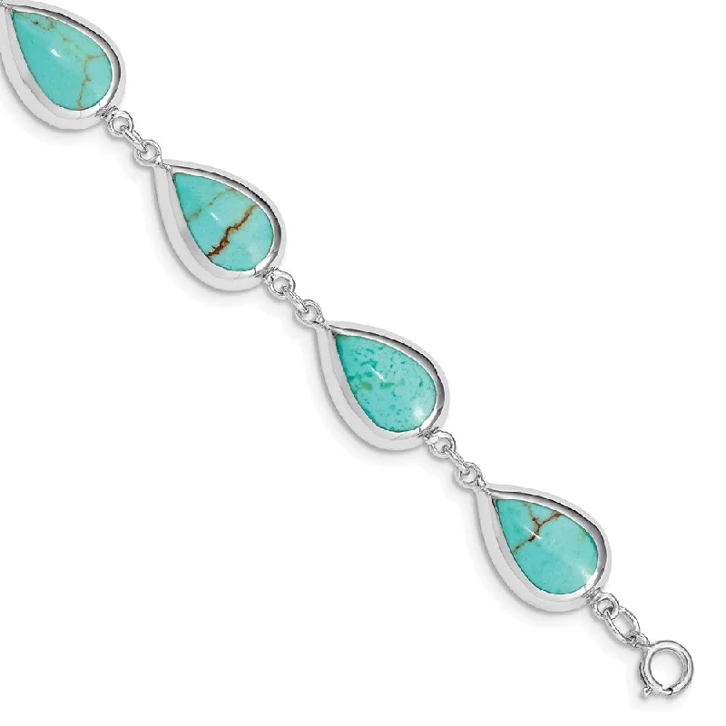 Women’s moonstone bracelets-Sterling Silver Rhodium-plated Teardrop Synthetic Turquoise Bracelet-WBC-QG3641-7.75