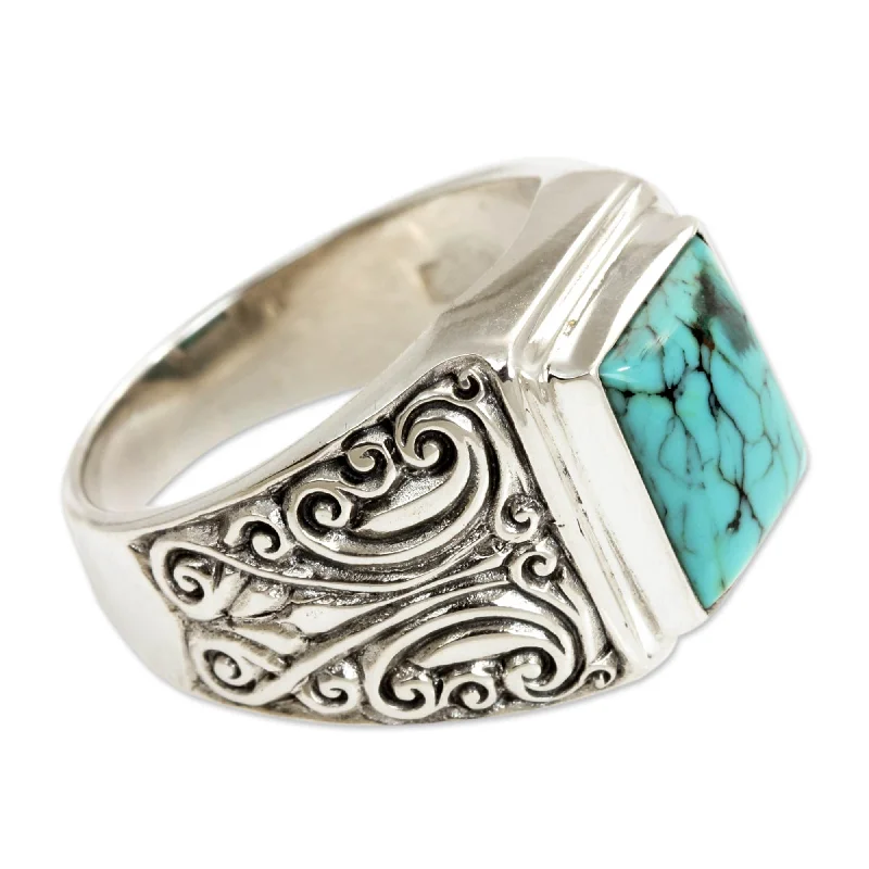 Women’s halo rings-Handmade Sterling Silver Men's Sky Crown Recon Turquoise Ring