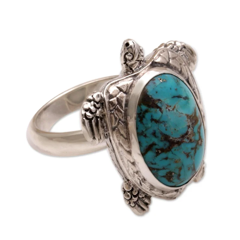 Women’s vintage cocktail rings-NOVICA Handmade Sterling Silver Men's 'Chelonia Turtle' Turquoise Ring - Blue