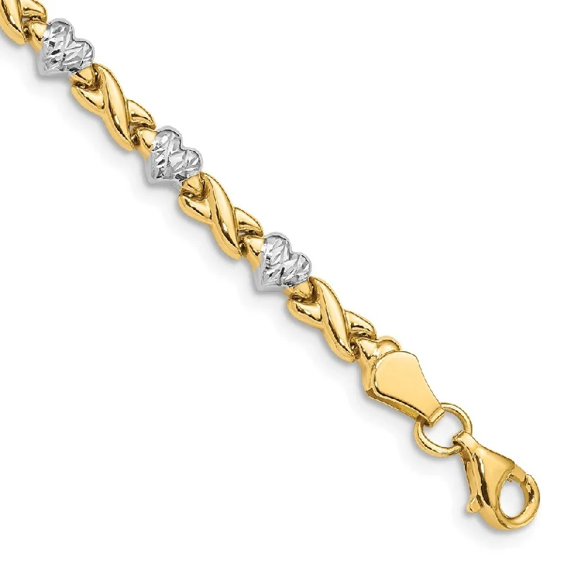 Women’s unique bracelets-14k Yellow Gold 4mm Rhodium Heart X Bracelet, 7"