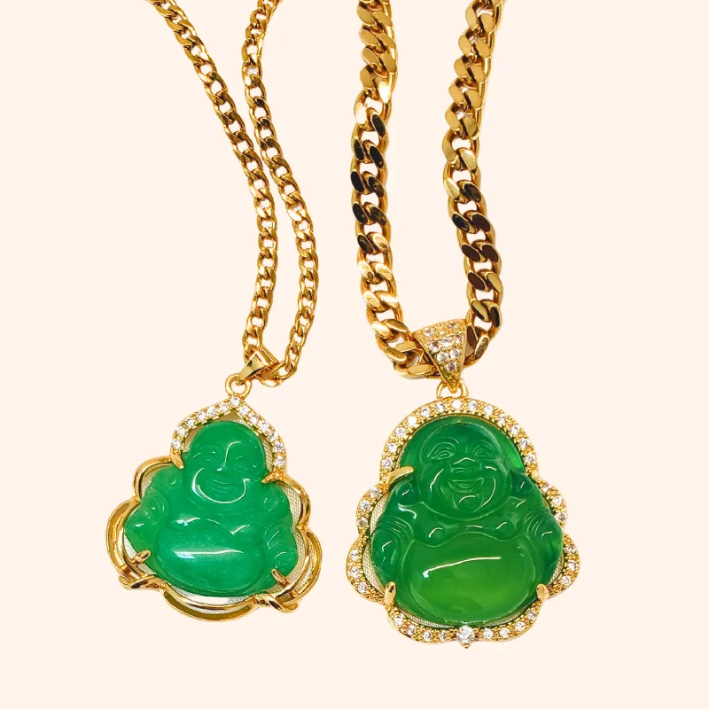 Women’s classic gold necklaces-His & Hers Green Buddha Necklace Set