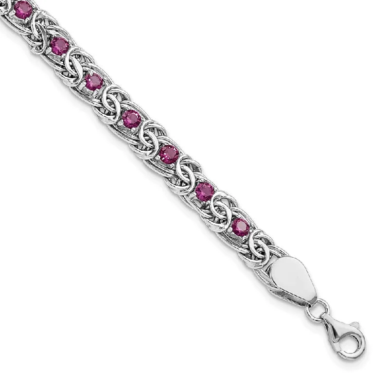 Women’s gemstone bangle bracelets-Sterling Silver Rhodium-plated Dark Pink Glass Flat Link 7.5in Bracelet-WBC-QG5936-7.5