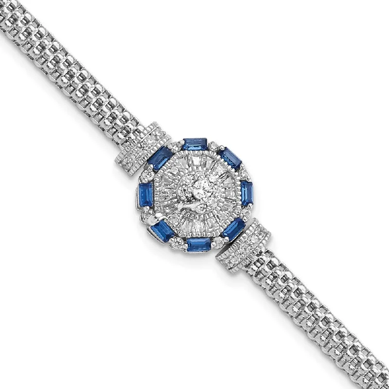 Women’s rose gold bracelets-Sterling Silver Rhodium-plated Polished Blue & White CZ Bracelet-WBC-QG5930-7