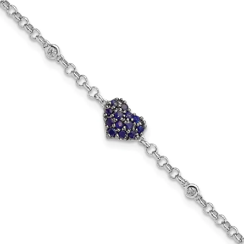 Women’s adjustable bangle bracelets-Sterling Silver Rhodium Diam. & Sapphire Heart Bracelet-WBC-QDX1204