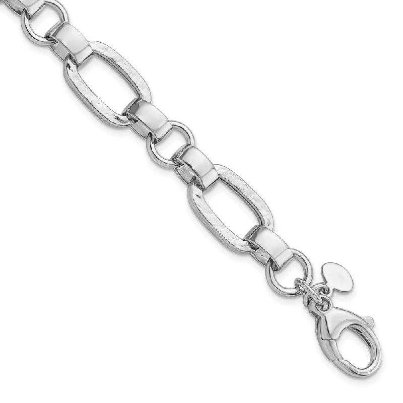 Women’s handmade bracelets-Sterling Silver Rhodium-plated Polished/Hammered Oval Link Bracelet-WBC-QG5842-7.5