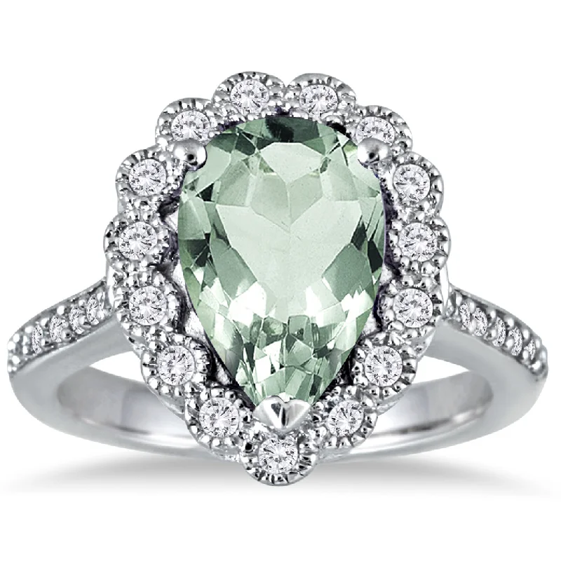 Women’s double band engagement rings-5 Carat Pear Shape Green Amethyst And Diamond Ring In 14K White Gold