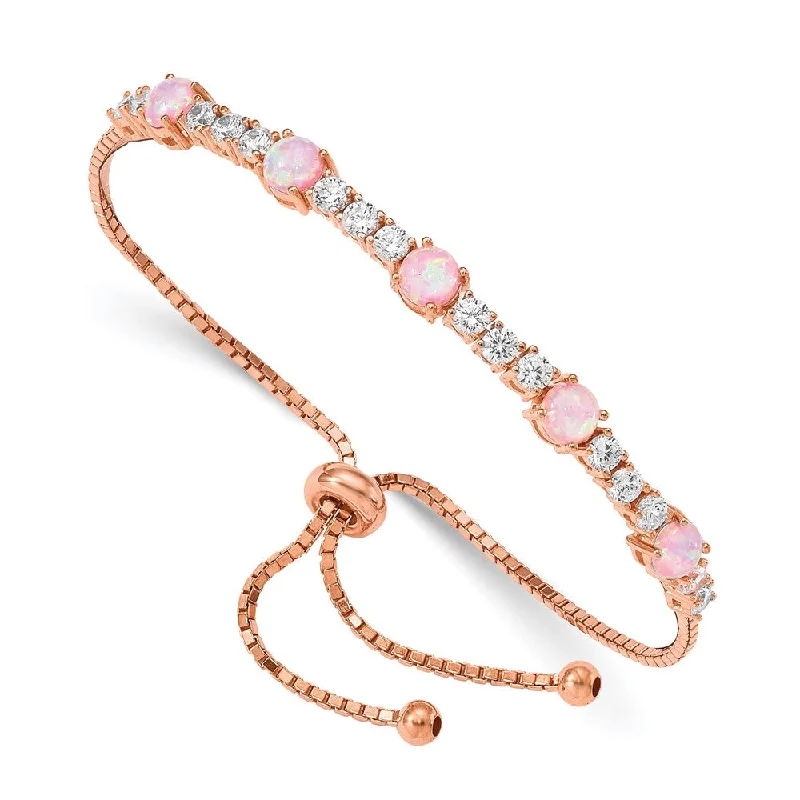 Women’s stylish bracelets-Sterling Silver Rose-tone Created Opal and CZ Adjustable Bracelet-WBC-QG4773