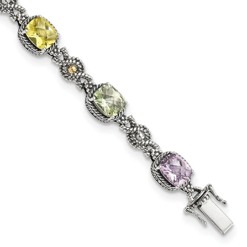 Women’s double-layered bracelets-Sterling Silver w/14k Pink/Green/Lemon Quartz Bracelet-WBC-QTC295