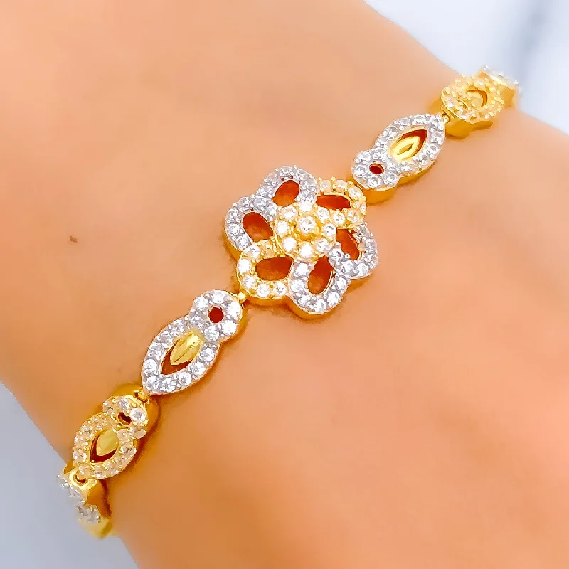 Women’s sparkling bangles-Delicate Open Flower CZ 22k Gold Bracelet