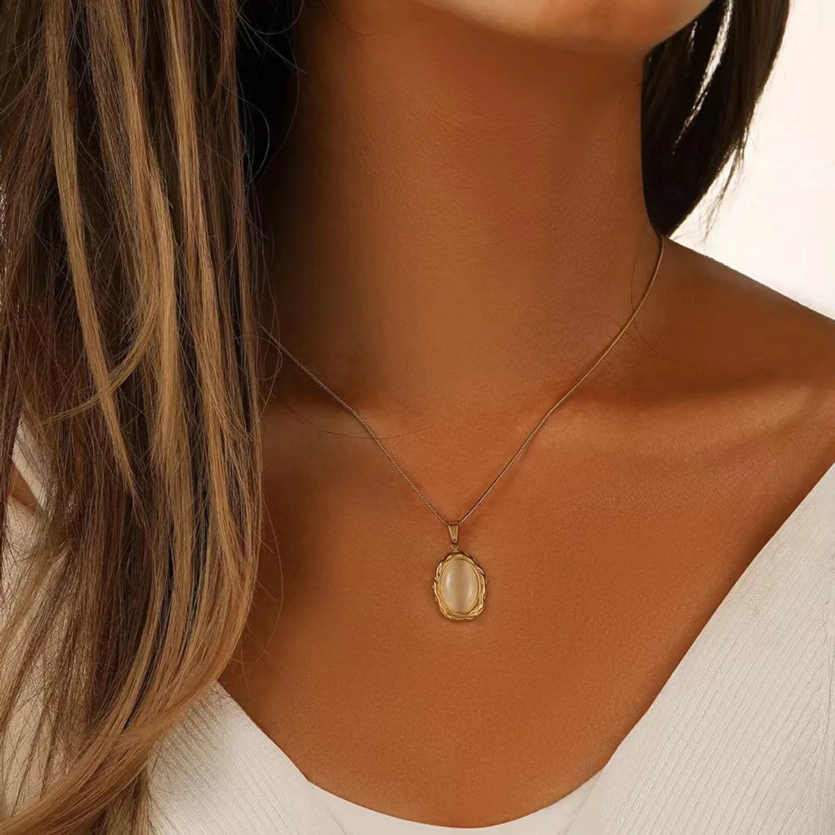 Women’s layered gold necklaces-Retro Oval Titanium Steel Inlay Opal Pendant Necklace