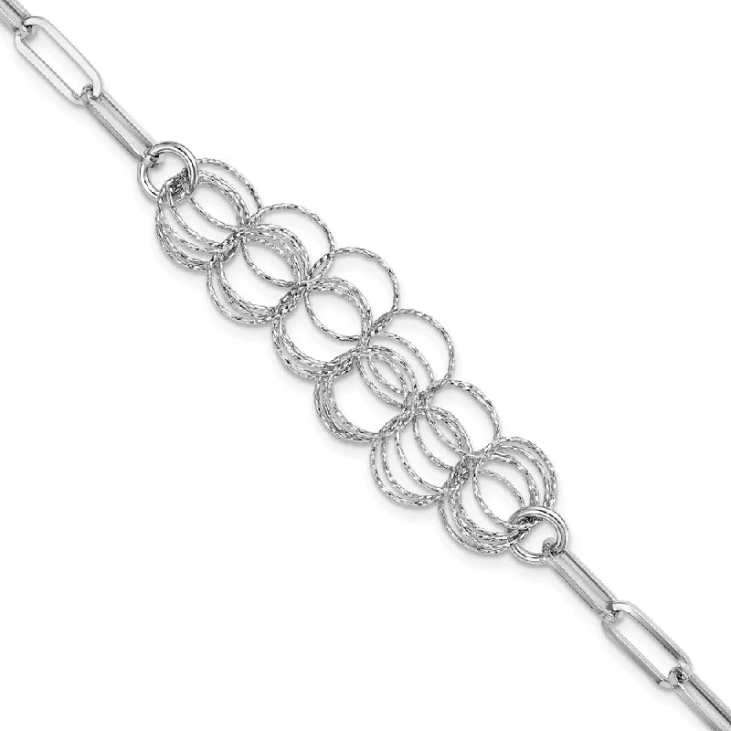 Women’s trendy bracelets-Sterling Silver Rhodium-plated Polished/Textured Circles Bracelet-WBC-QG5974-7.5