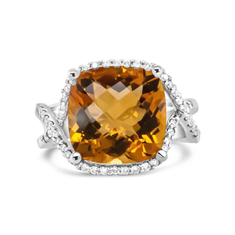 Women’s modern engagement rings-14K White Gold 12mm Cushion Cut Yellow Citrine Gemstone and 1/3 Cttw Round Pave-Set Diamond Ring -- Size 6.5