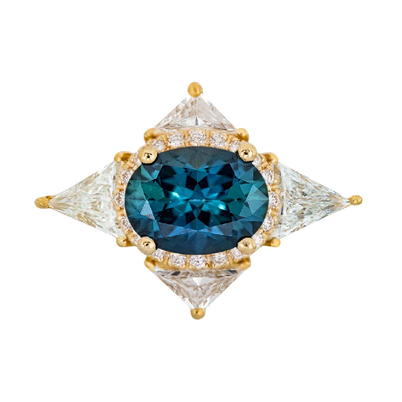 Women’s vintage engagement rings-Teal Sapphire Deco Ring with Triangle Diamonds