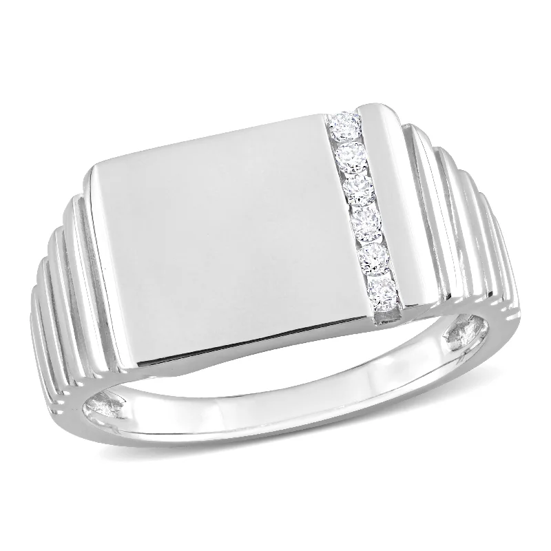 Women’s halo rings-Miadora 1/10 CT TW Diamond Mens Signet Ring in 10k White Gold