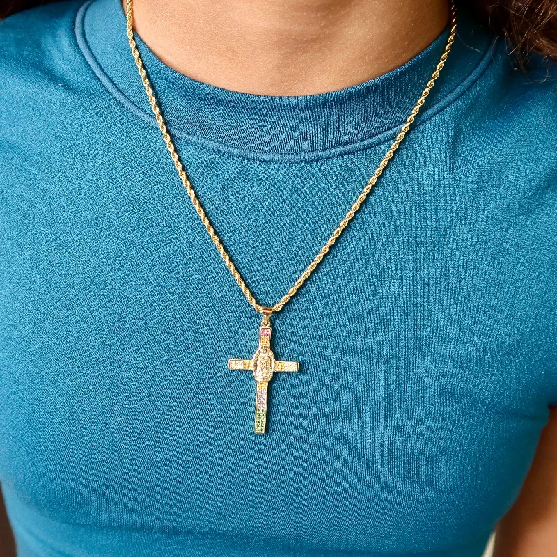 Women’s vintage-inspired necklaces-Rainbow Virgin Mary Cross Necklace