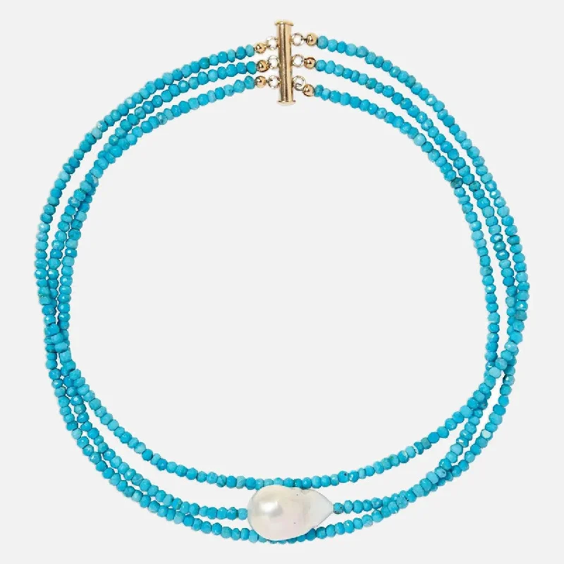 Women’s long gold necklaces-Turquoise Triple Strand Gemstone Choker