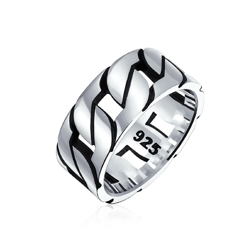 Women’s large statement rings-Mens Ring Biker Jewelry Urban Curb Chain Link Band Gothic Tribal .925 Silver