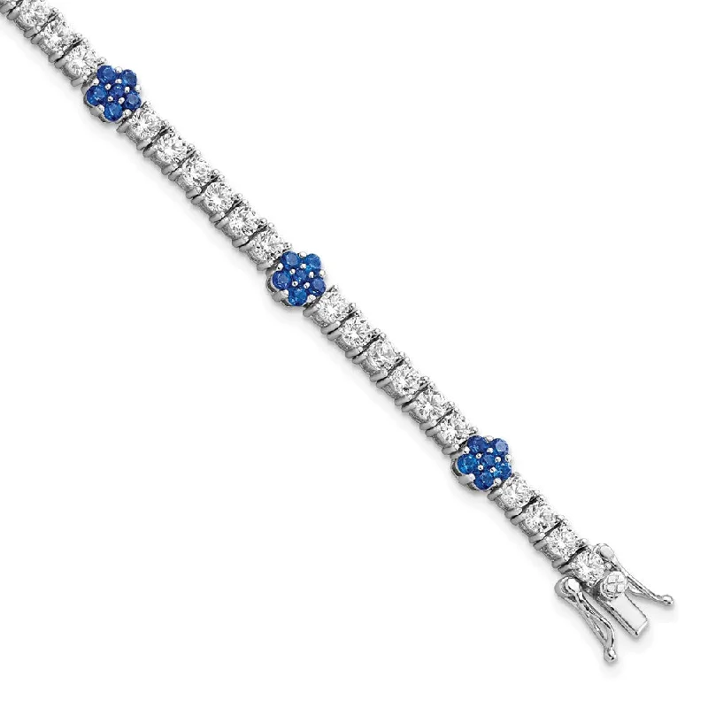 Women’s pearl bracelets-Sterling Silver Rhodium-plated Cr Blue Spinel & CZ Flower 7in Bracelet-WBC-QG5927-7