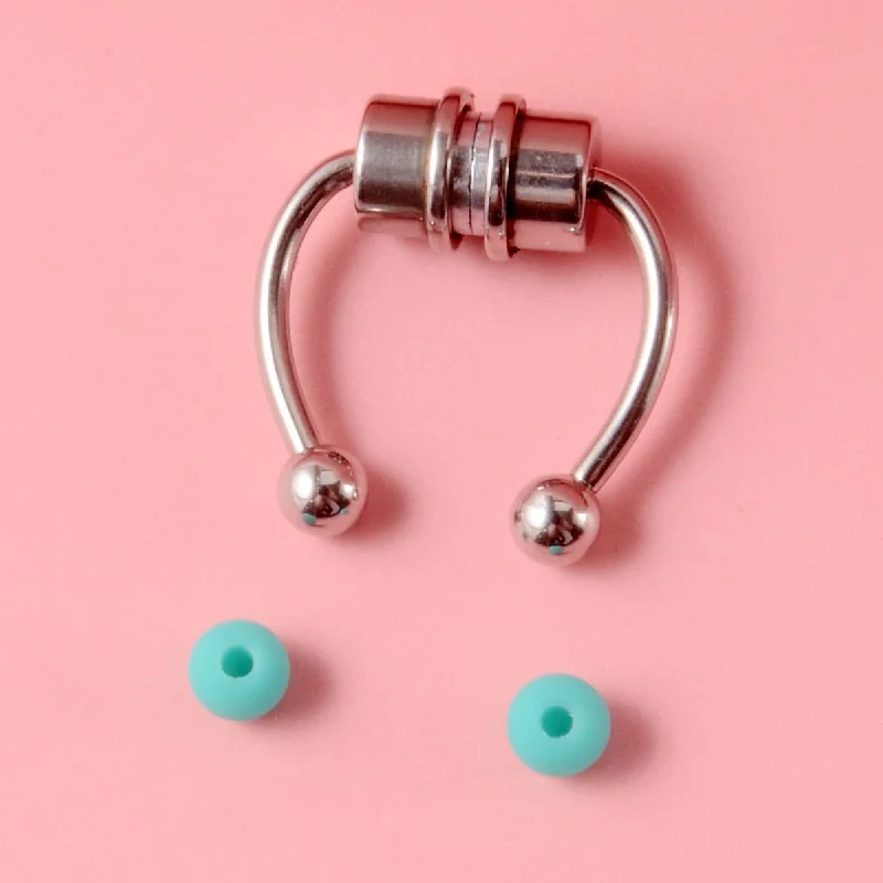 Magnet Nose Ring Steel Color-Green Rubber Ball