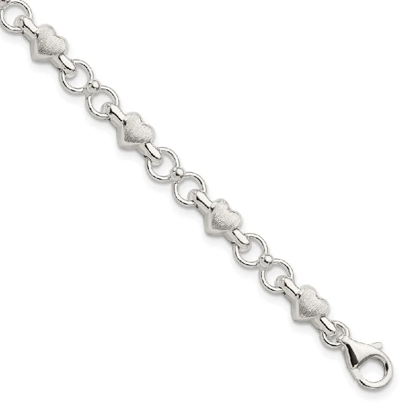 Women’s stackable bangles-Sterling Silver Satin & Polished Heart Chain Bracelet-WBC-QG5786-7.5