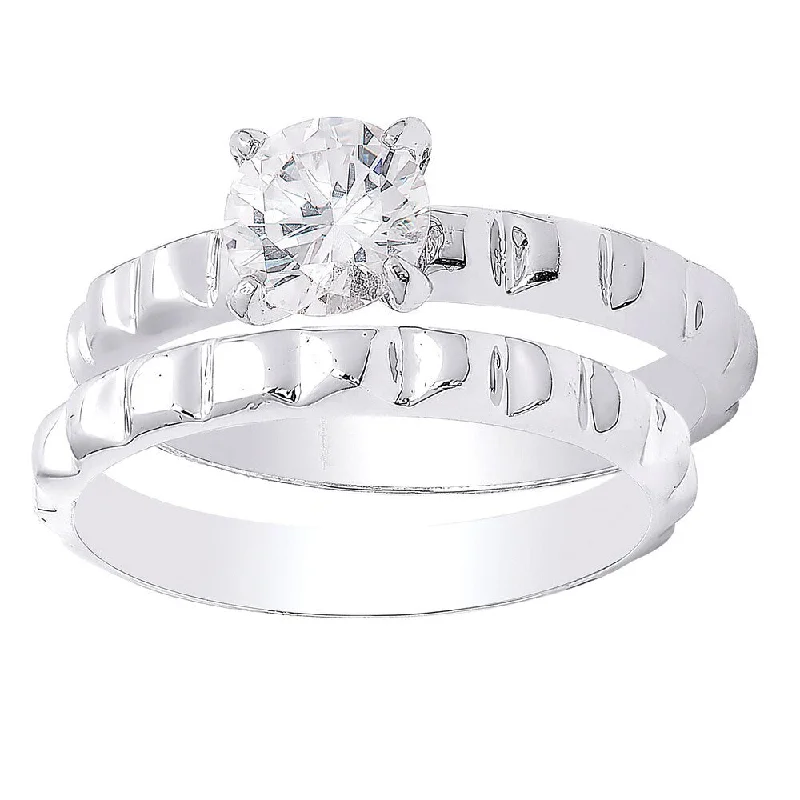 Women’s vintage cocktail rings-Dolce Giavonna Silver Overlay Cubic Zirconia Bridal Ring Set