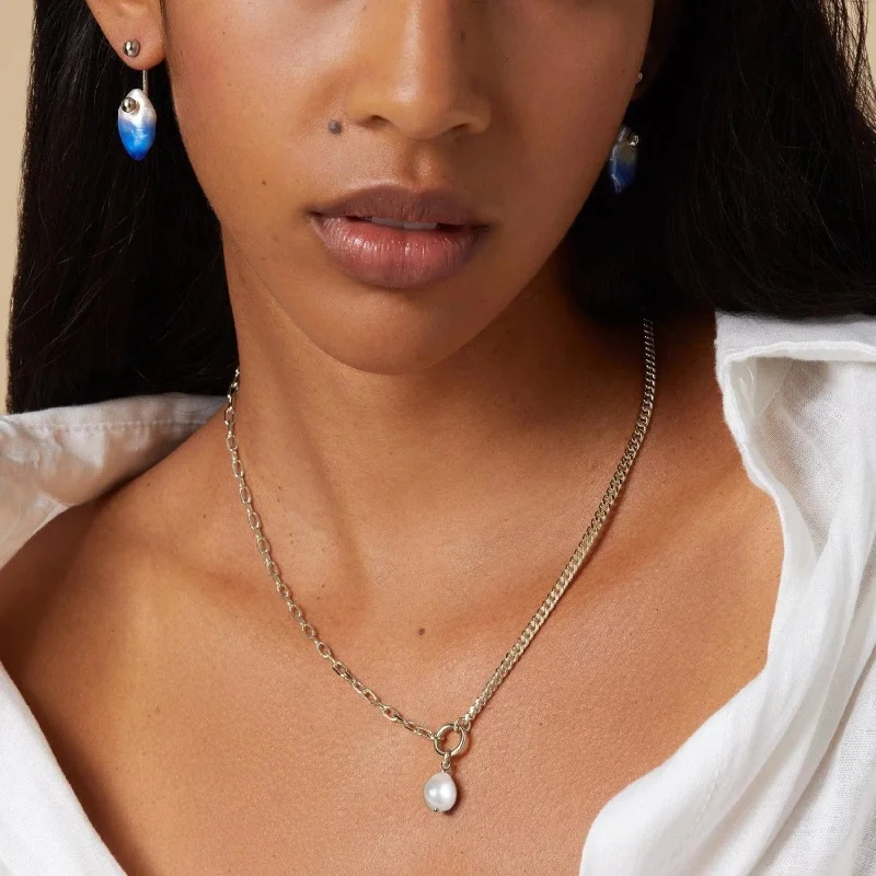 Women’s pendant chain necklaces-Duo Chain Necklace with White Pearl in Silver