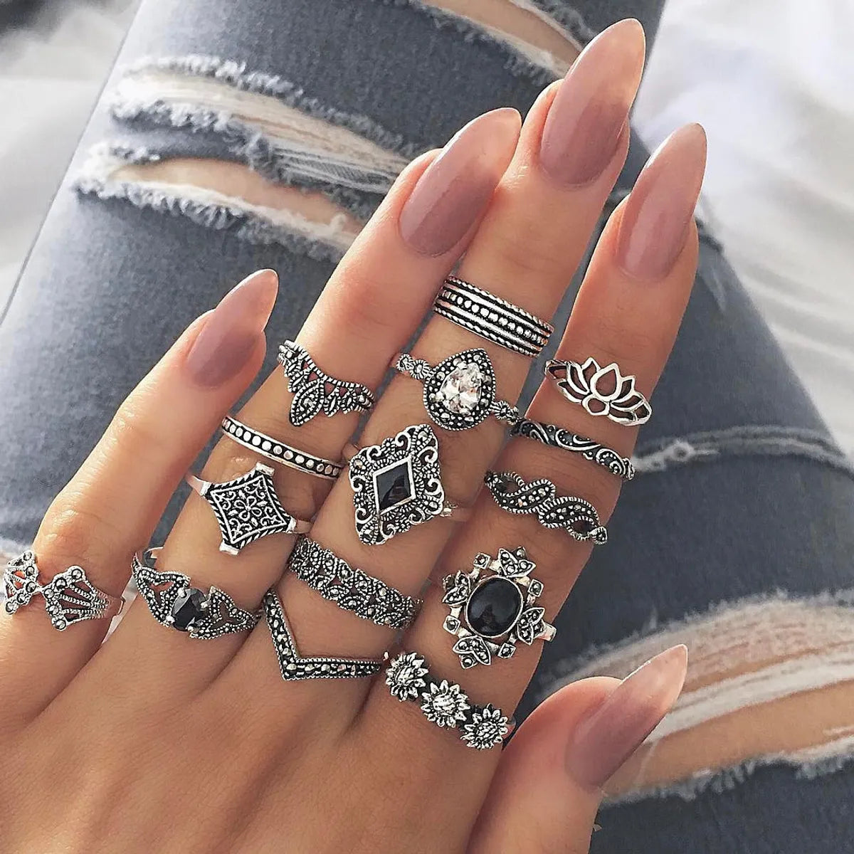 Women’s wedding band rings-Bohemian Retro Silver Hollow Lotus Gemstone Ring 15-Piece Set