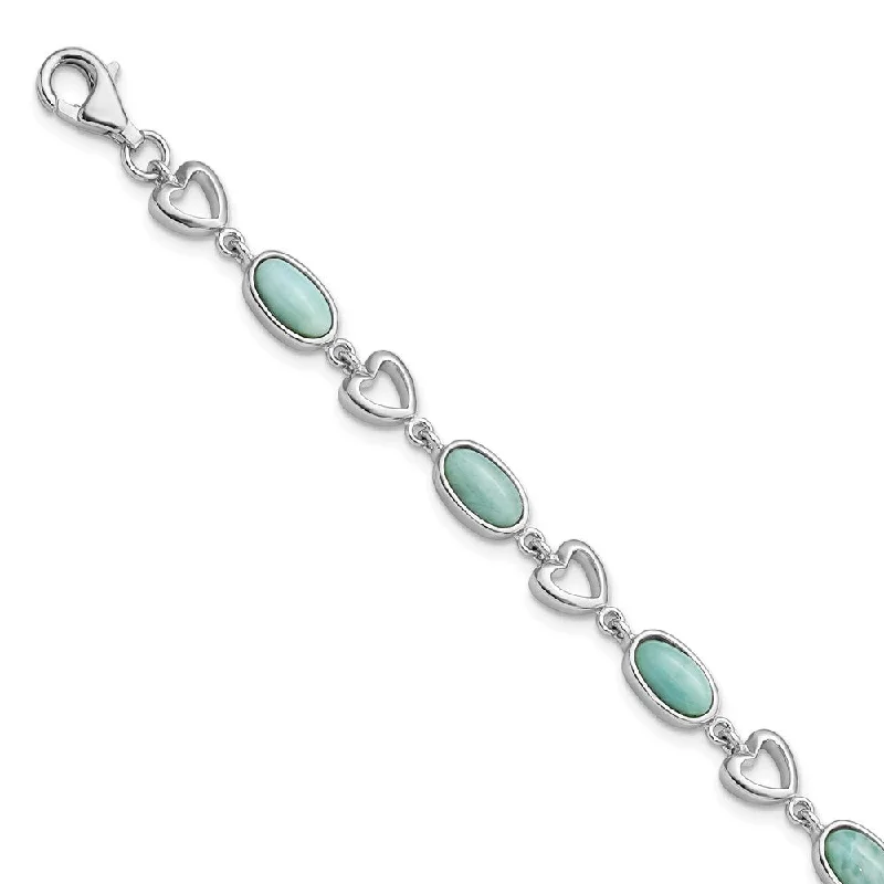 Women’s silver cuff bracelets-Sterling Silver Rhodium-plated Polished Oval Larimar & Heart Bracelet-WBC-QG5924-8