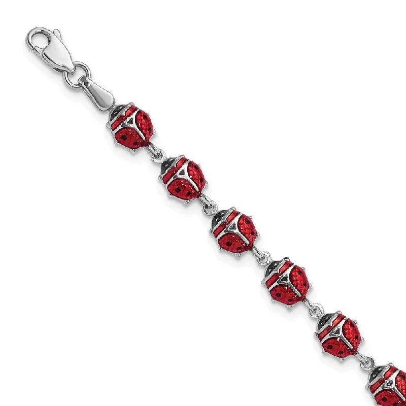 Women’s chakra bracelets-Sterling Silver Rhodium Polished Enameled Lady Bug Bracelet-WBC-QG3443-7