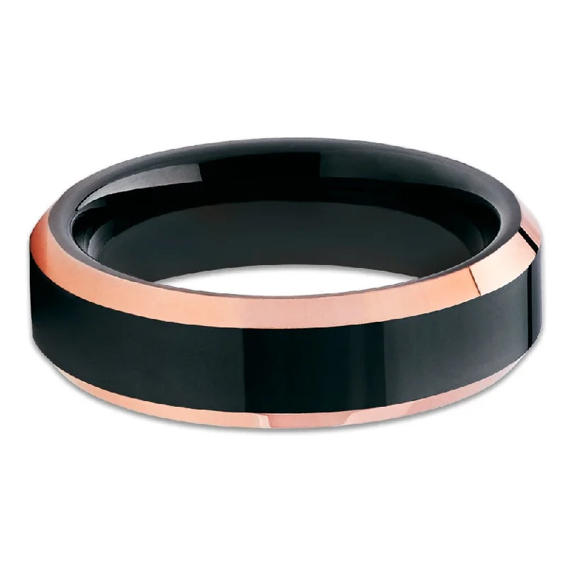 Women’s vintage-style rings-6Mm Rose Gold Black Tungsten Ring Two Tone Comfort Fit Scratch Resistant