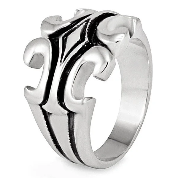 Women’s classic rings-Men's Fleur de Lis Grooved Polished Stainless Steel Ring