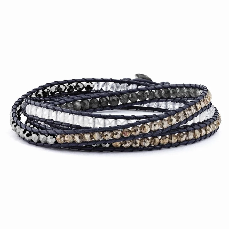 Women’s delicate bangle bracelets-White Jade/Grey Quartz/Multi Crystal/1in ext. Multi-wrap Leather Bracelet-WBC-BF2108