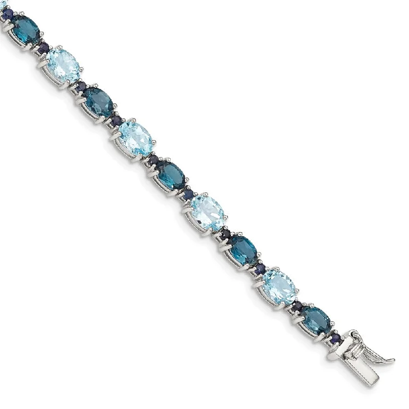 Women’s delicate bangle bracelets-Sterling Silver Rhodium-plated London Blue/Sky Blue Topaz Bracelet-WBC-QG4907-7.25