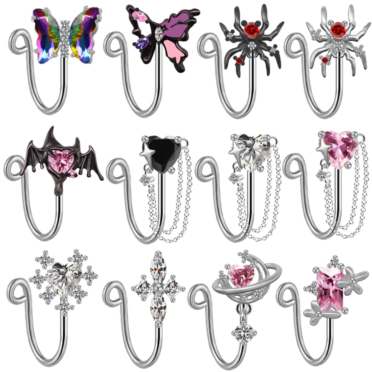 Women’s unique wedding rings-Simple Style Classic Style Heart Shape Butterfly Stainless Steel Copper White Gold Plated Rhinestones Zircon Nose Ring In Bulk