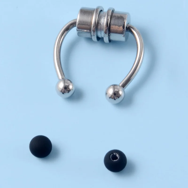 Magnet Nose Ring Steel Color-Black Rubber Ball