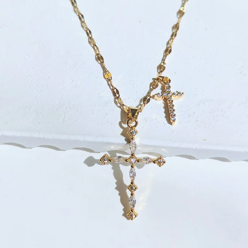 Women’s custom heart necklaces-Double Crystal Cross Necklace