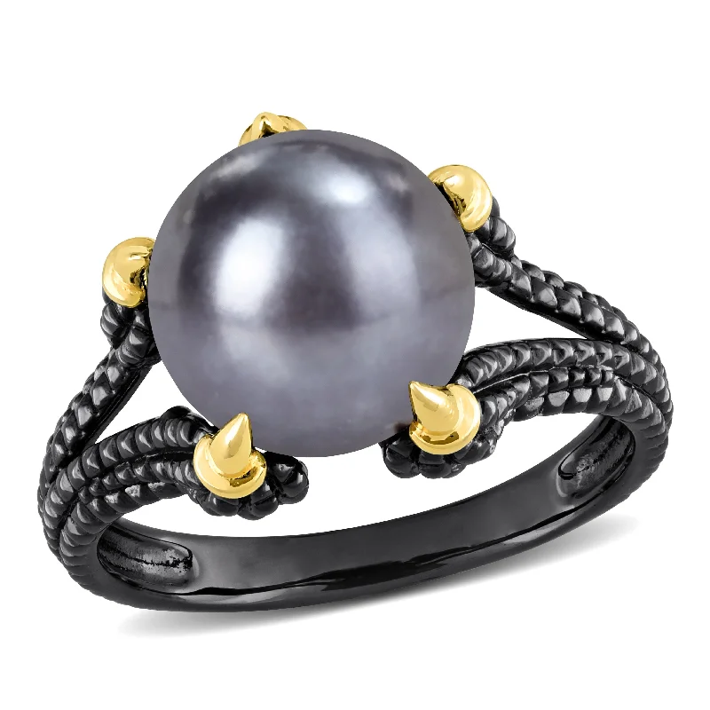 Women’s custom-made rings-Miadora 10.5-11 mm Cultured Freshwater Pearl Split-Shank Ring in Black and Yellow Silver