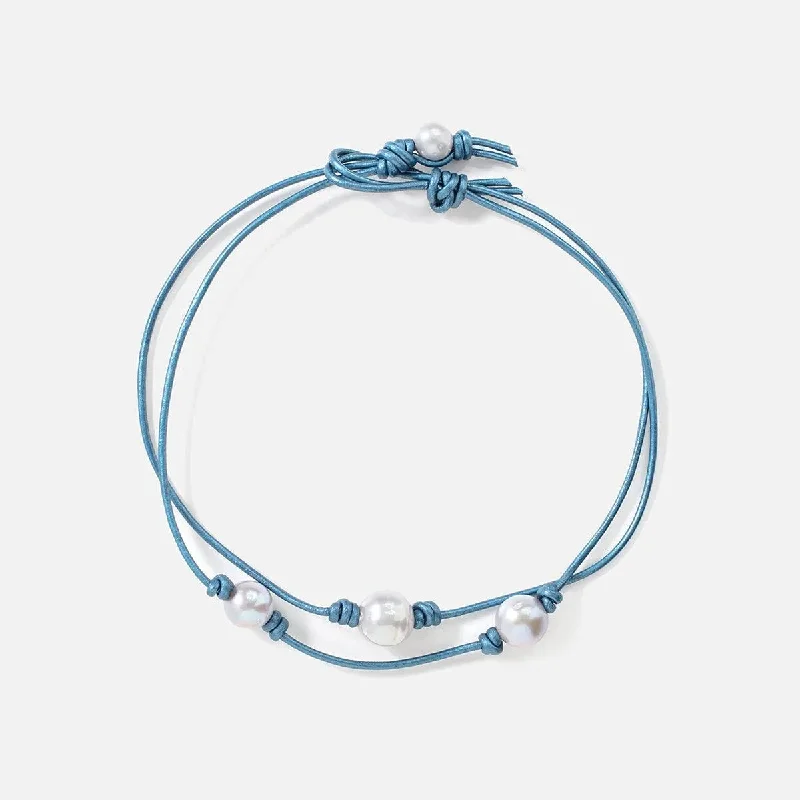 Women’s vintage-inspired necklaces-Blue Ocean Double Pearl Leather Choker