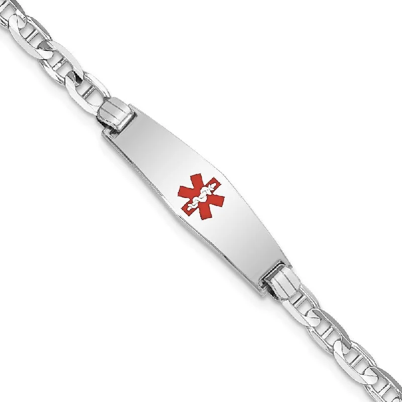 Women’s stylish bracelets-14k White Gold 3.5mm Medical Soft Diamond Shape Red Enamel Anchor Link ID Bracelet, 7"