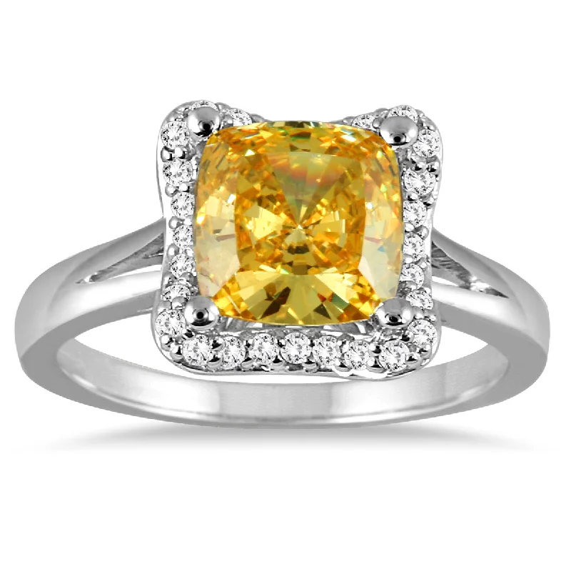 Women’s solitaire engagement rings with sapphires-2 Carat Cushion Cut Citrine And Diamond Ring In 14K White Gold