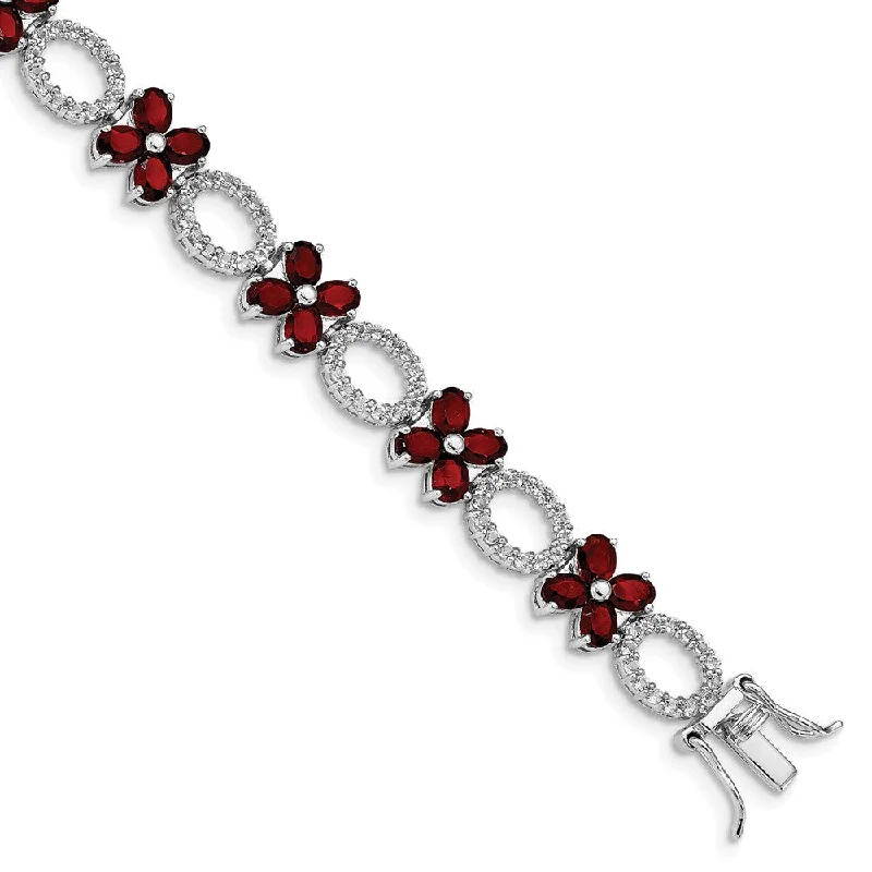 Women’s holiday bracelets-Sterling Silver Rhodium-plated Garnet Flower w/Wht.Topaz Bracelet-WBC-QG4929-7.75