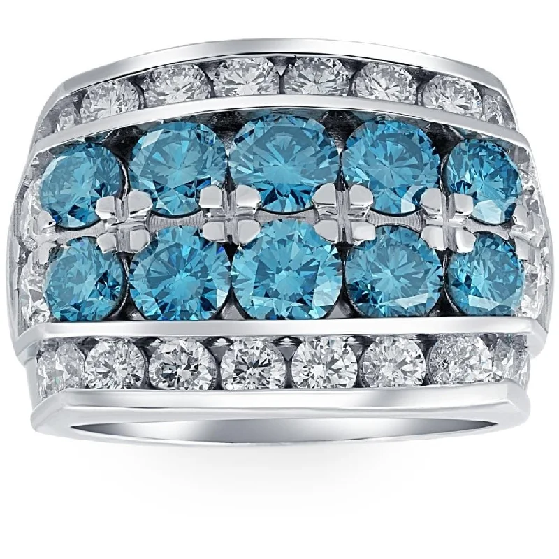 Women’s birthstone stackable rings-7Ct Blue Diamond Men's Four Row Anniversary Ring in White Gold