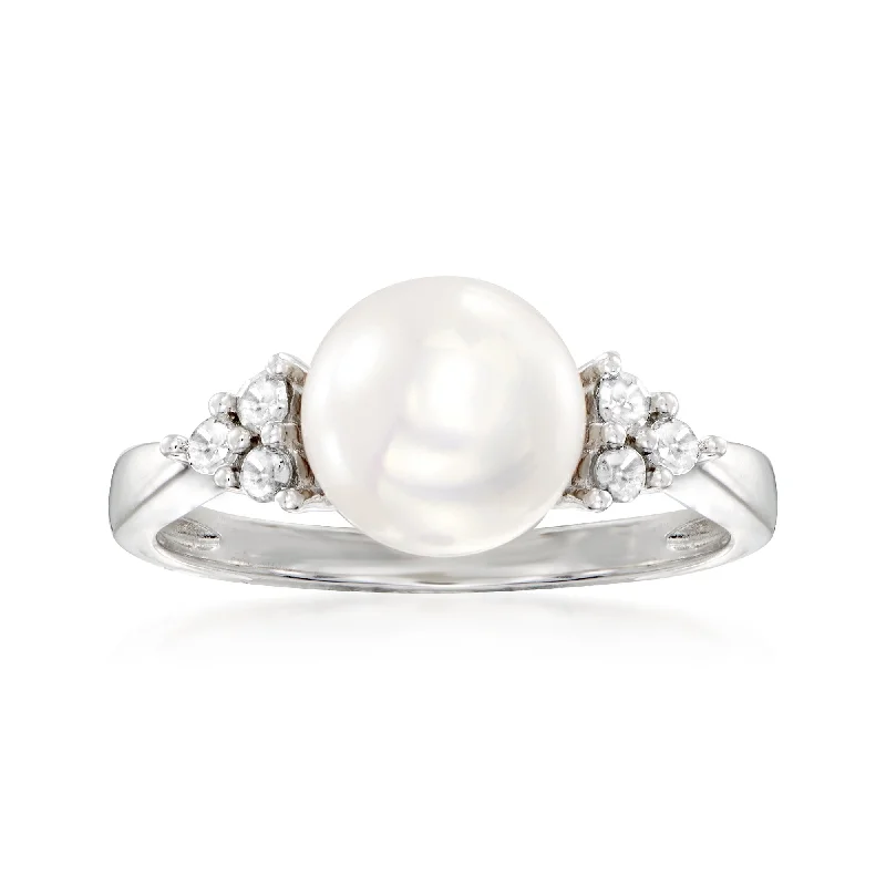 Women’s stackable engagement rings-Ross-Simons 8-8.5mm Cultured Pearl and . Diamond Ring in Sterling Silver