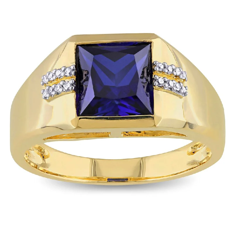 Women’s silver rings-Miadora Men's 10k Yellow Gold Created Blue Sapphire and Diamond Accent Ring